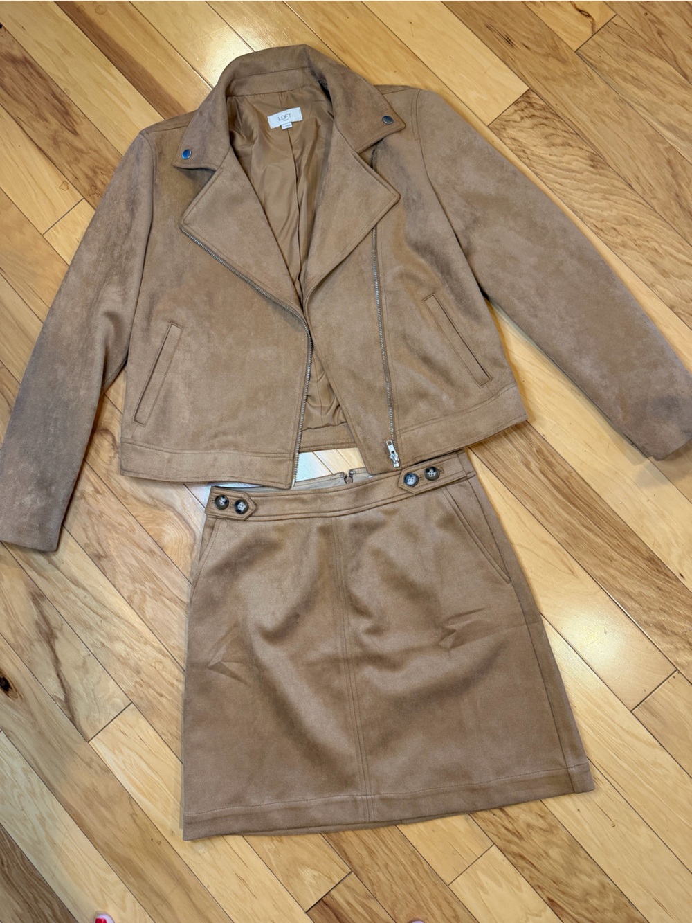 LOFT Tan Faux Suede Moto Jacket & Mini Skirt Two Piece Set Size Small 2